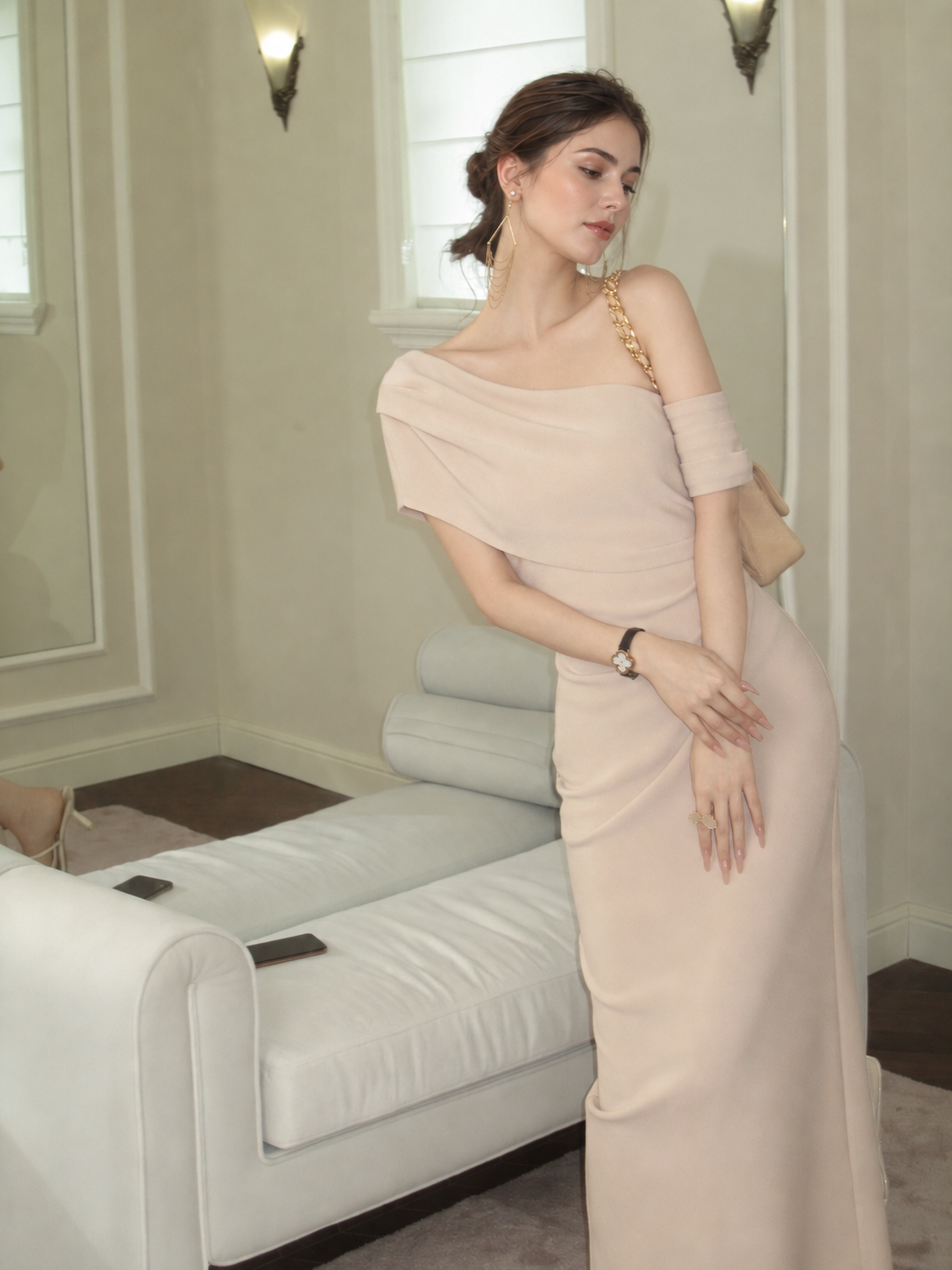 One-Shoulder Ruched Midi Dress - Peach Pink