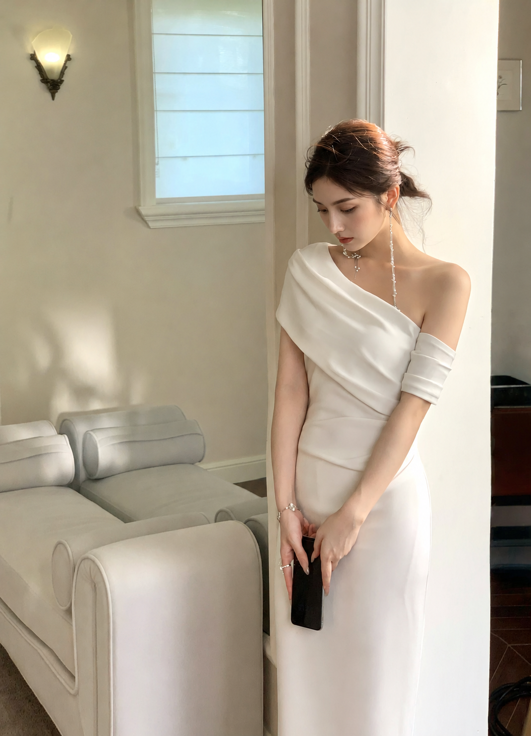 One-Shoulder Ruched Midi Dress - Ivory