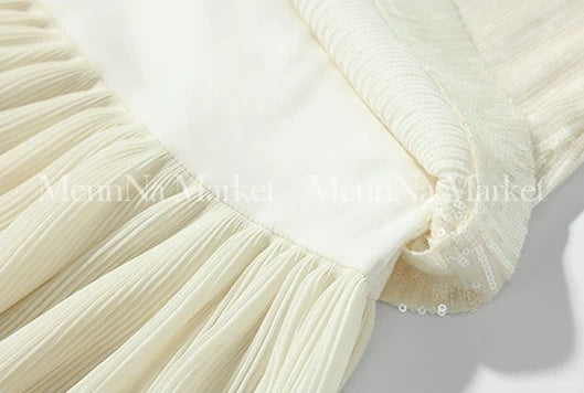 Ivory Sequin-Bodice Pleated Party Maxi Dress - garment detail