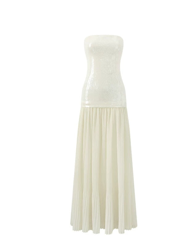Ivory Sequin-Bodice Pleated Party Maxi Dress - garment detail
