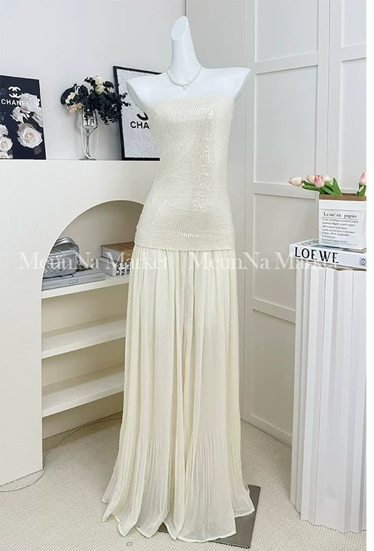 Ivory Sequin-Bodice Pleated Party Maxi Dress - garment detail