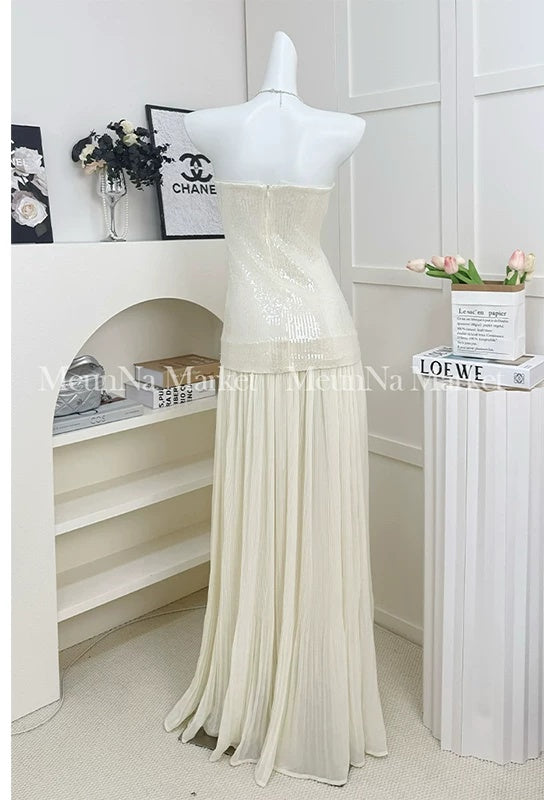Ivory Sequin-Bodice Pleated Party Maxi Dress - garment detail