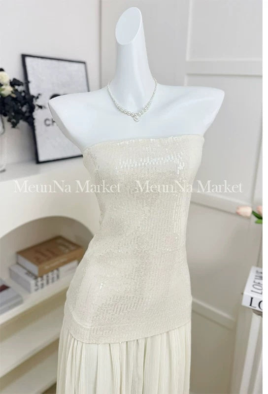 Ivory Sequin-Bodice Pleated Party Maxi Dress - garment detail