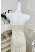 Ivory Sequin-Bodice Pleated Party Maxi Dress - garment detail