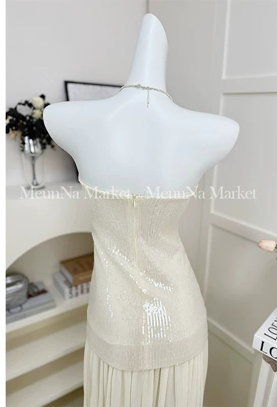 Ivory Sequin-Bodice Pleated Party Maxi Dress - garment detail
