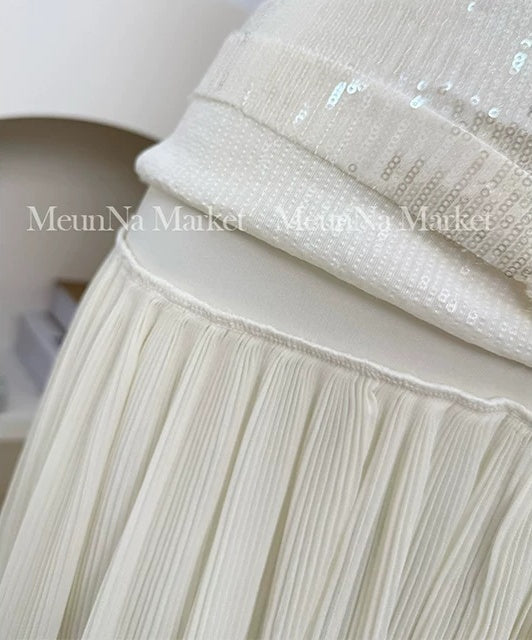 Ivory Sequin-Bodice Pleated Party Maxi Dress - garment detail