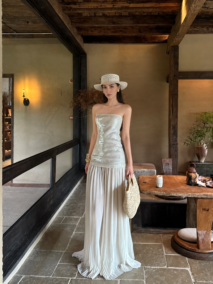 Ivory Sequin-Bodice Pleated Party Maxi Dress