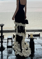 Black Contrast-Ruffle Evening Maxi Dress - garment detail