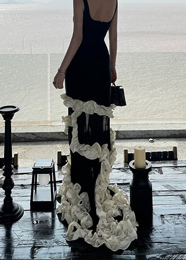 Black Contrast-Ruffle Evening Maxi Dress - garment detail