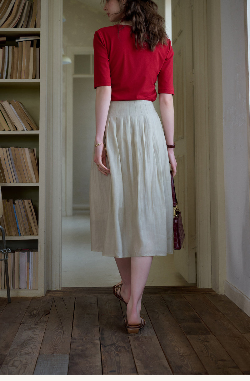 Vintage Plant Embroidered Lyocell Two-Piece Set - V-Neck Puff Sleeve Top & Midi Skirt