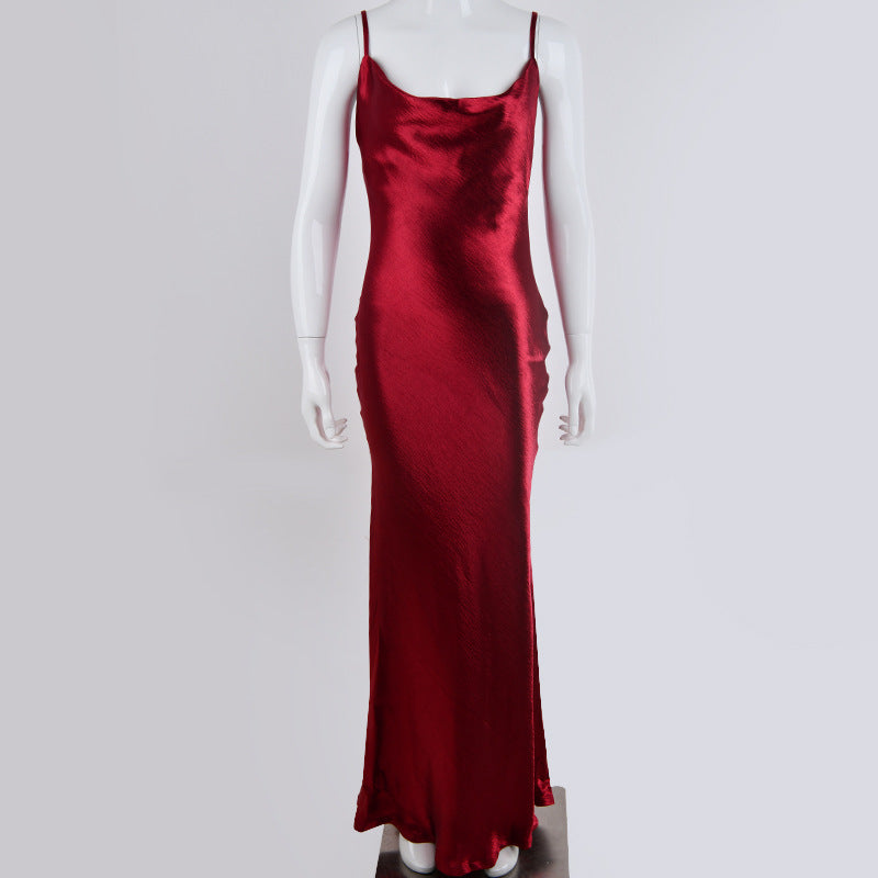 Women's Spaghetti-Strap Satin Maxi Evening Dress - Burgundy