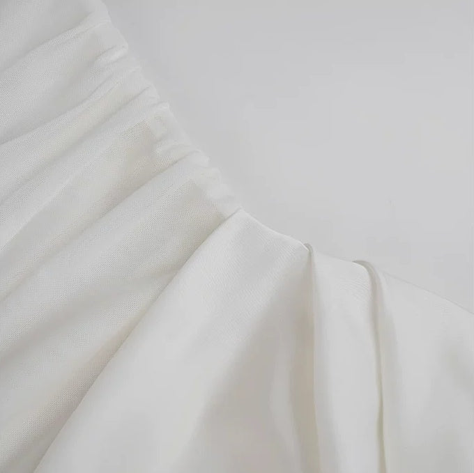White Mesh-Panel Fitted Evening Maxi Dress - garment detail