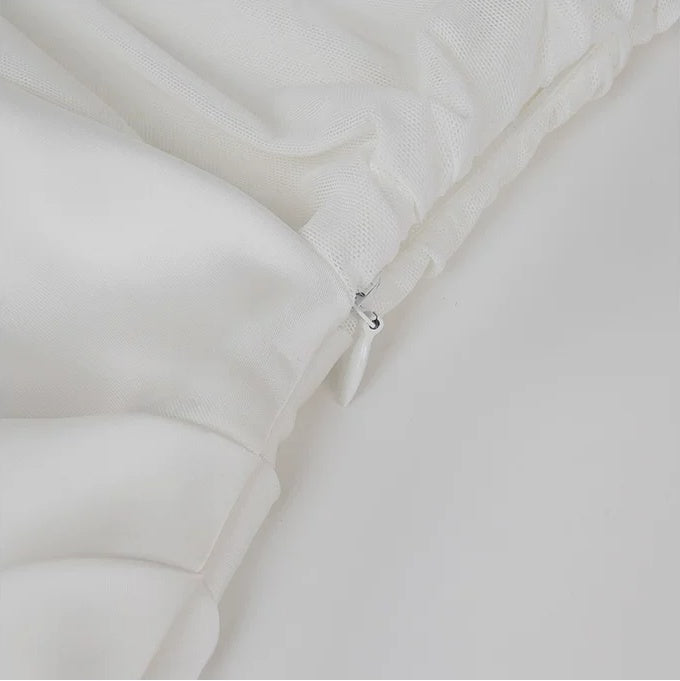 White Mesh-Panel Fitted Evening Maxi Dress - garment detail