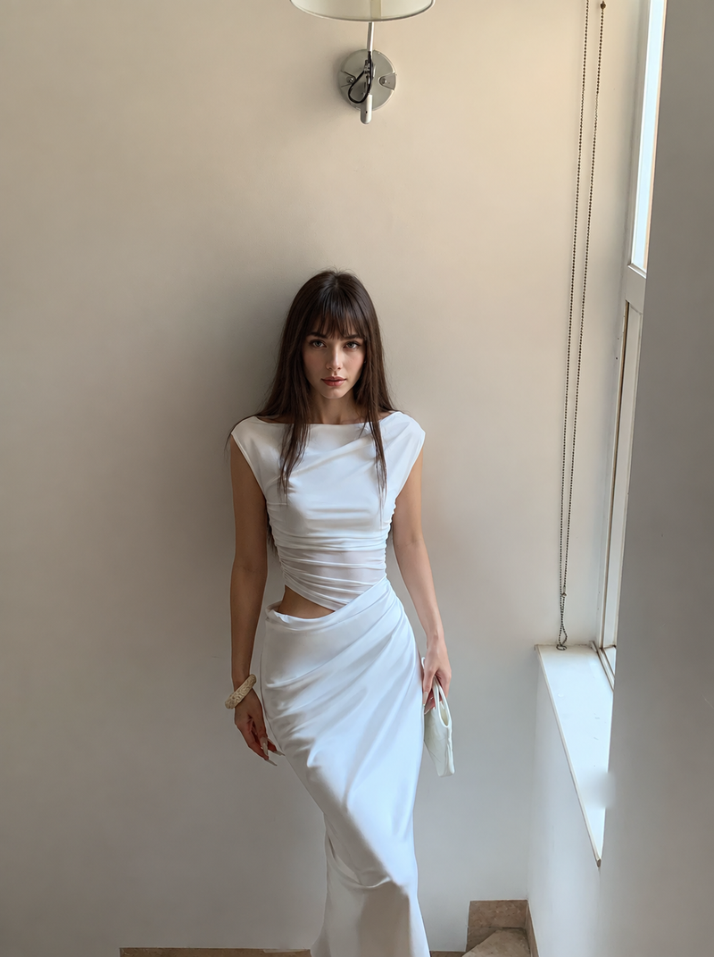 Boat Neck Ruched Cutout Maxi Dress - White