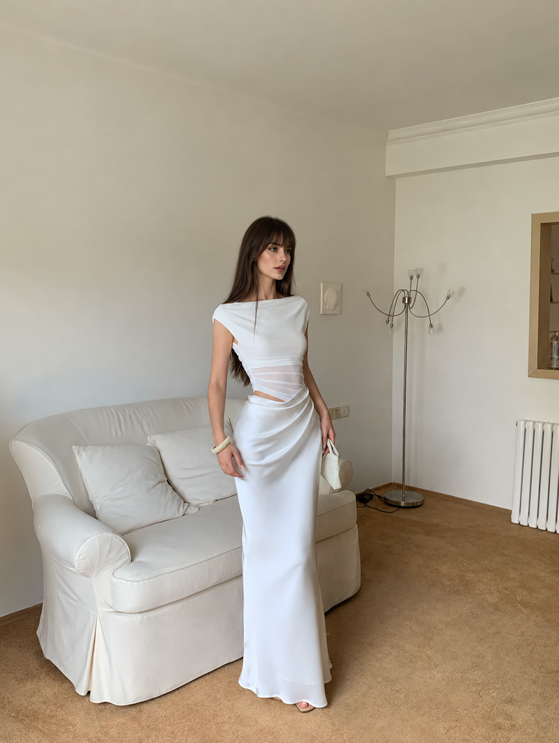 Boat Neck Ruched Cutout Maxi Dress - White