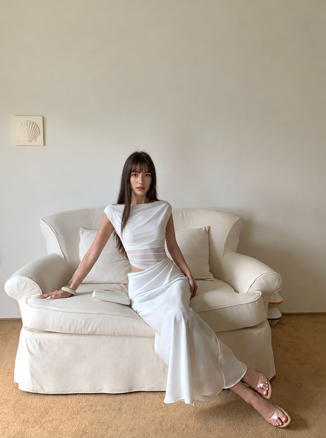 Boat Neck Ruched Cutout Maxi Dress - White