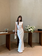 Boat Neck Ruched Cutout Maxi Dress - White