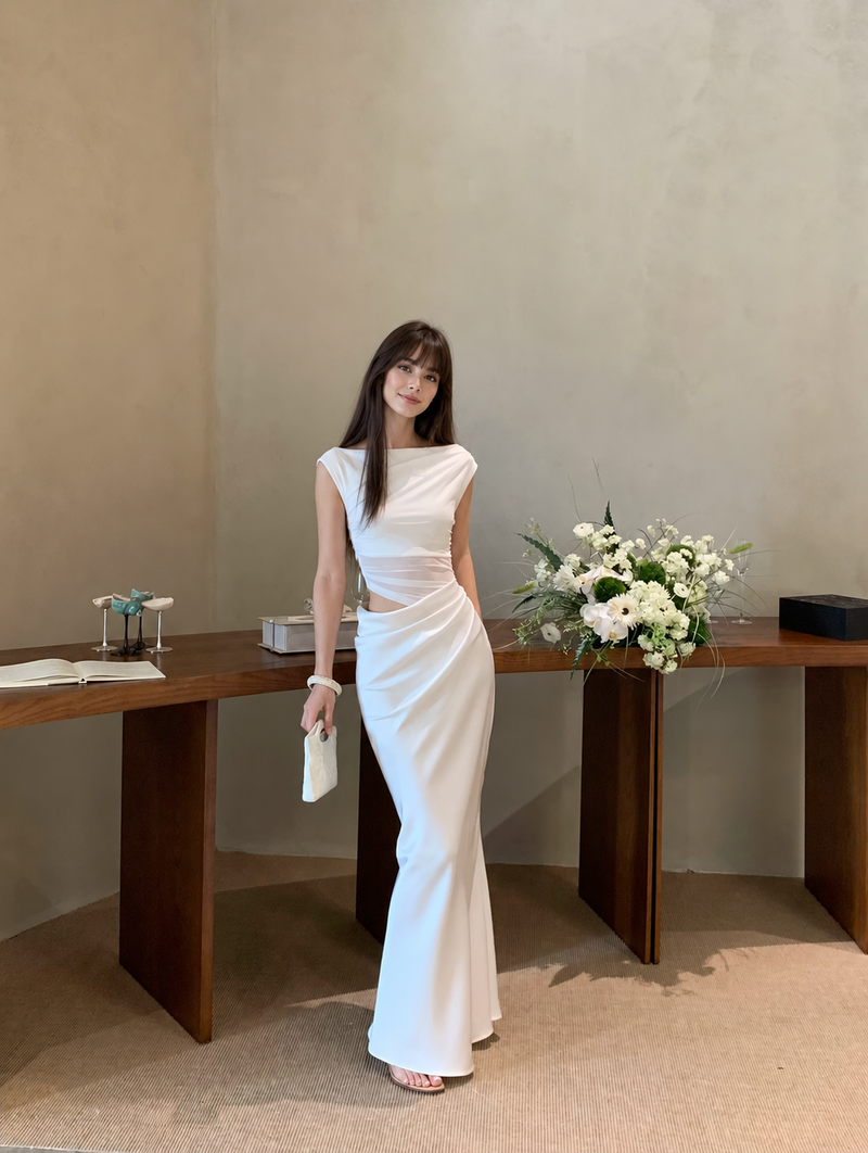 Boat Neck Ruched Cutout Maxi Dress - White