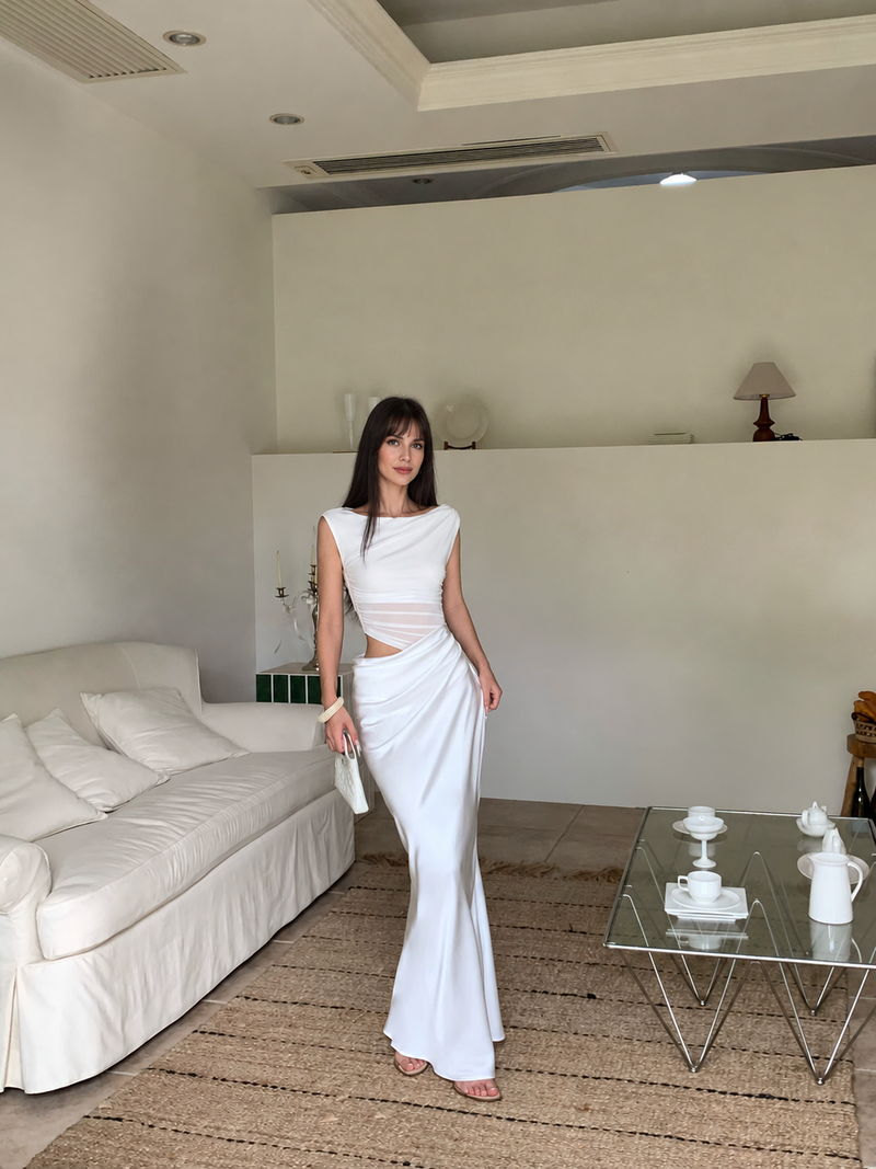 White Mesh-Panel Fitted Evening Maxi Dress - White