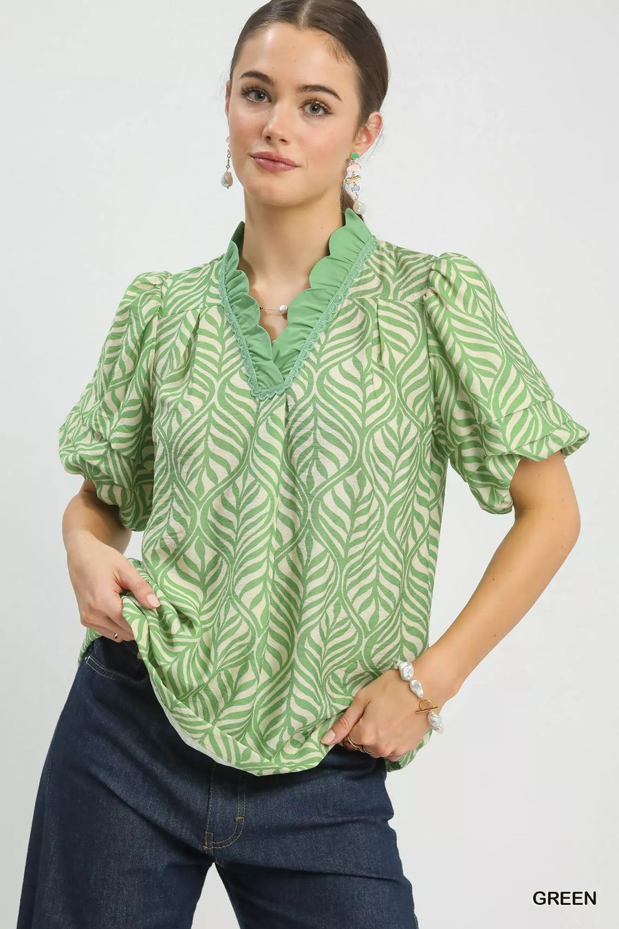 Printed Puff Sleeve Ruffle Neck Top