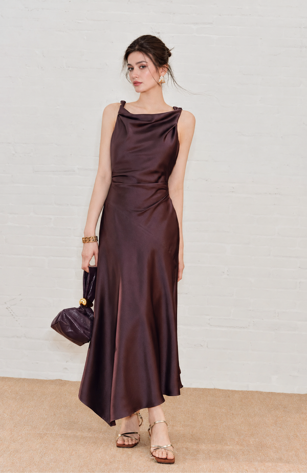 Cowl Neck Satin Asymmetric Midi Dress - Plum