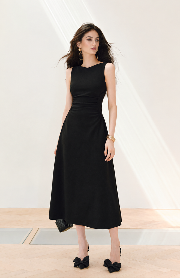 Boat Neck Ruched Waist A-Line Dress - Black