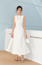 Boat Neck Ruched Waist A-Line Dress - White