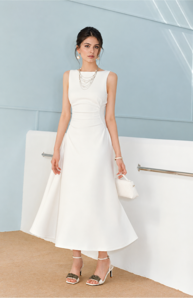 Boat Neck Ruched Waist A-Line Dress - White