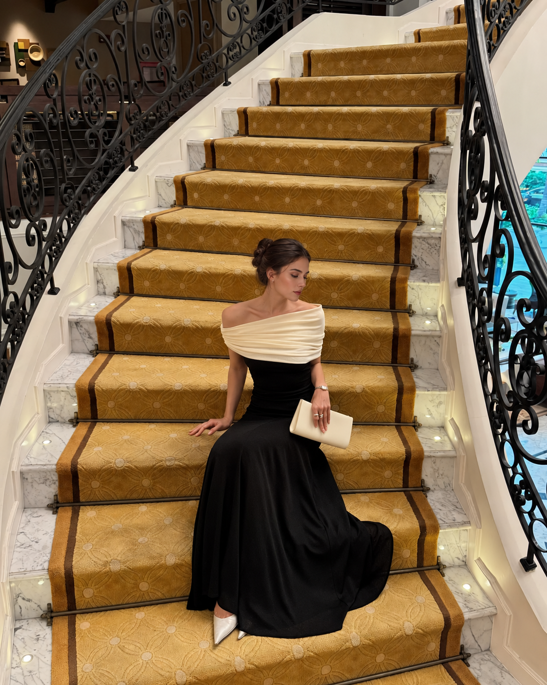 Black and Ivory Off-Shoulder Maxi Dress - Black and Ivory