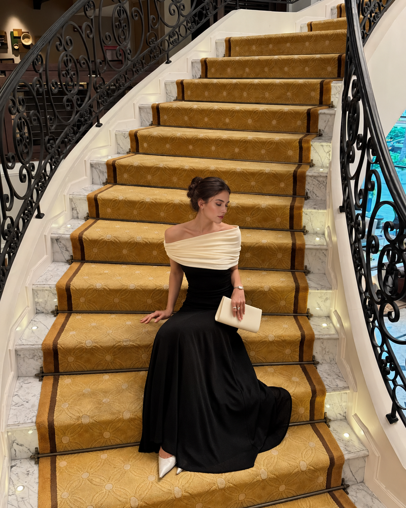 Black and Ivory Off-Shoulder Maxi Dress - Black and Ivory