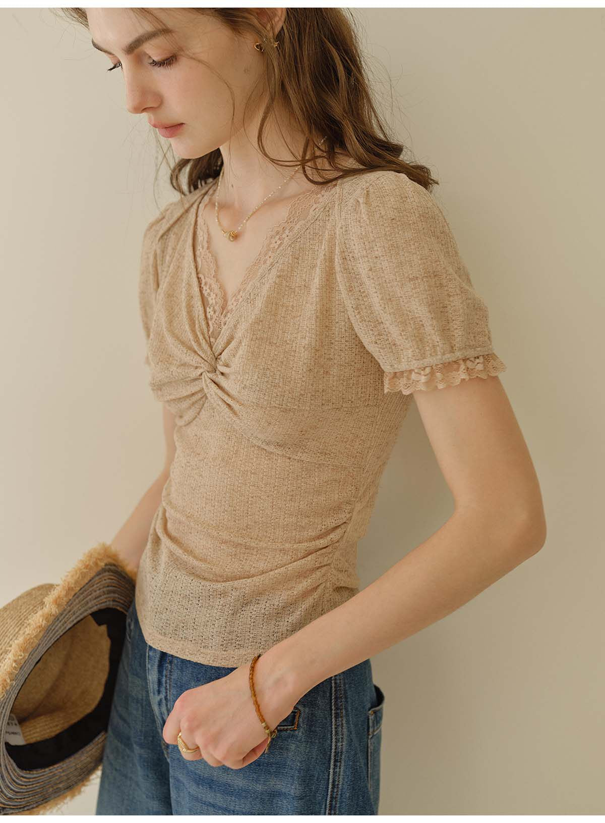 French Linen Texture V-Neck Knit Top