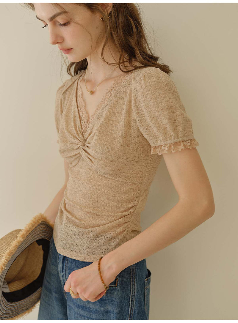 French Linen Texture V-Neck Knit Top