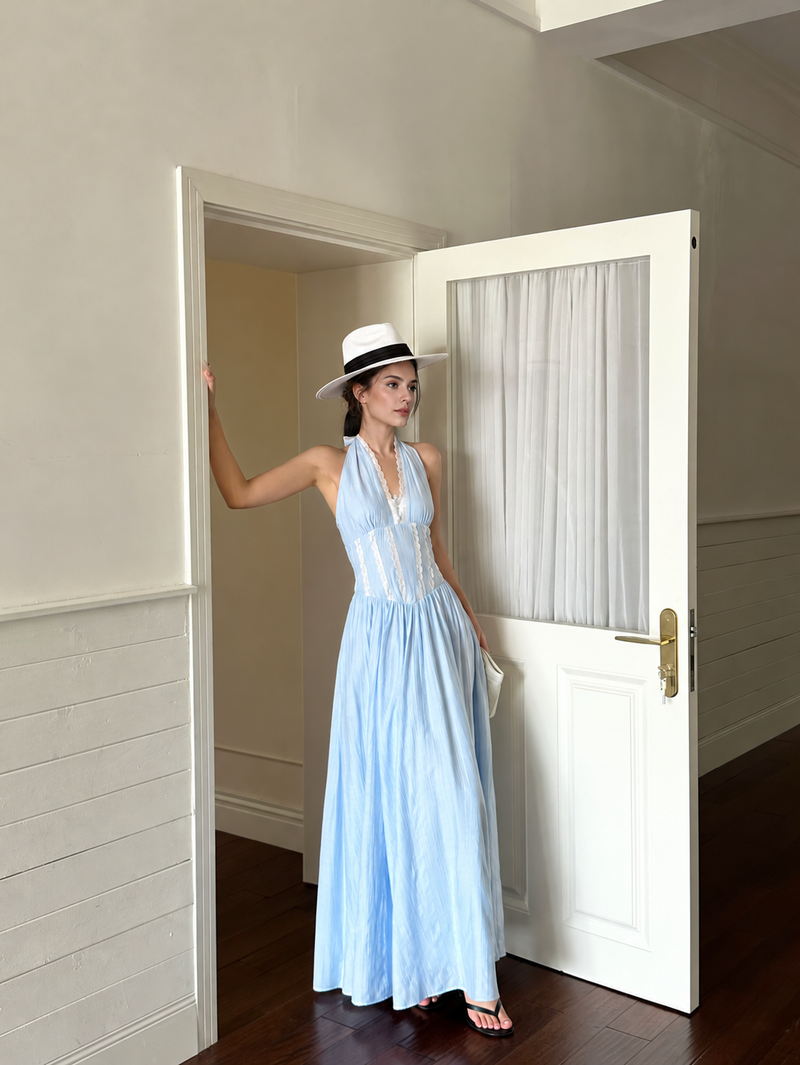 Light Blue Lace Trim Halter Drop Waist Maxi Dress - Light Blue