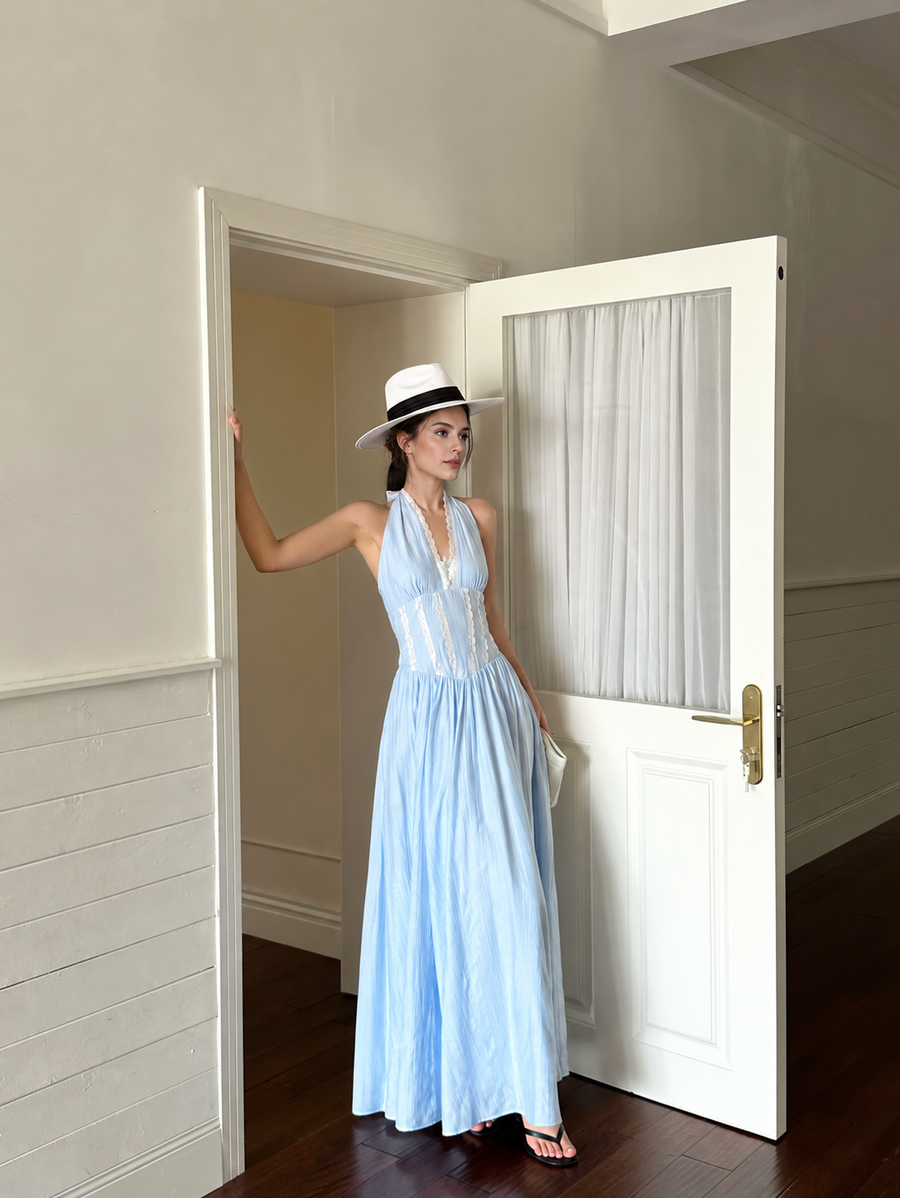 Light Blue Lace Trim Halter Drop Waist Maxi Dress