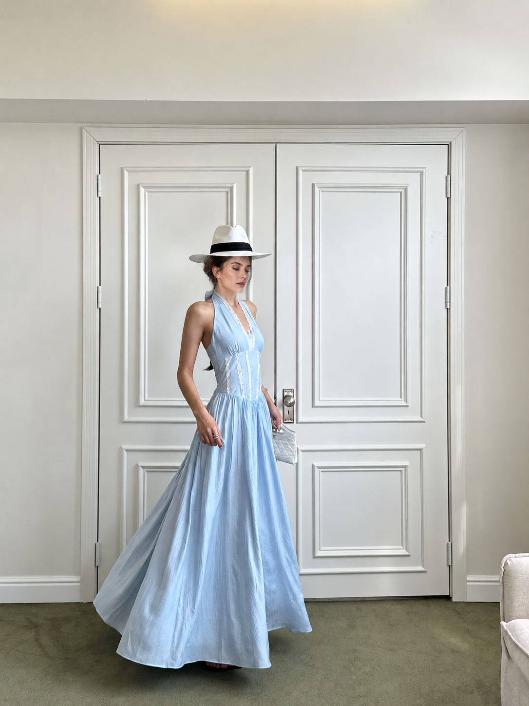Light Blue Lace Trim Halter Drop Waist Maxi Dress - Light Blue