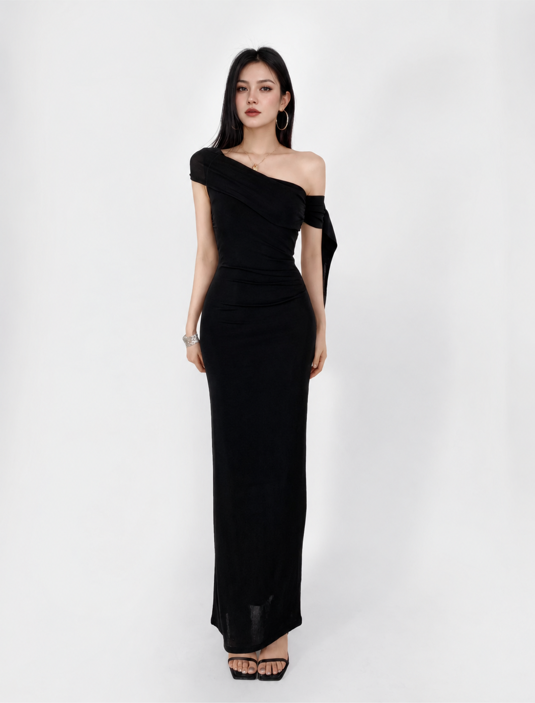 Asymmetric Off-Shoulder Ruched Maxi Dress - Black
