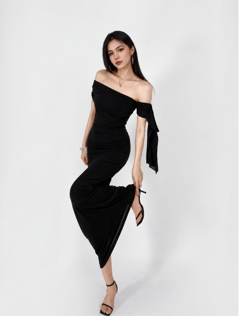 Asymmetric Off-Shoulder Ruched Maxi Dress - Black