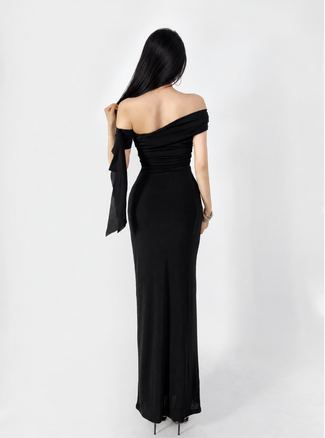 Asymmetric Off-Shoulder Ruched Maxi Dress - Black