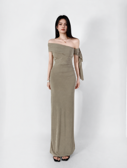 Asymmetric Off-Shoulder Ruched Maxi Dress - Khaki
