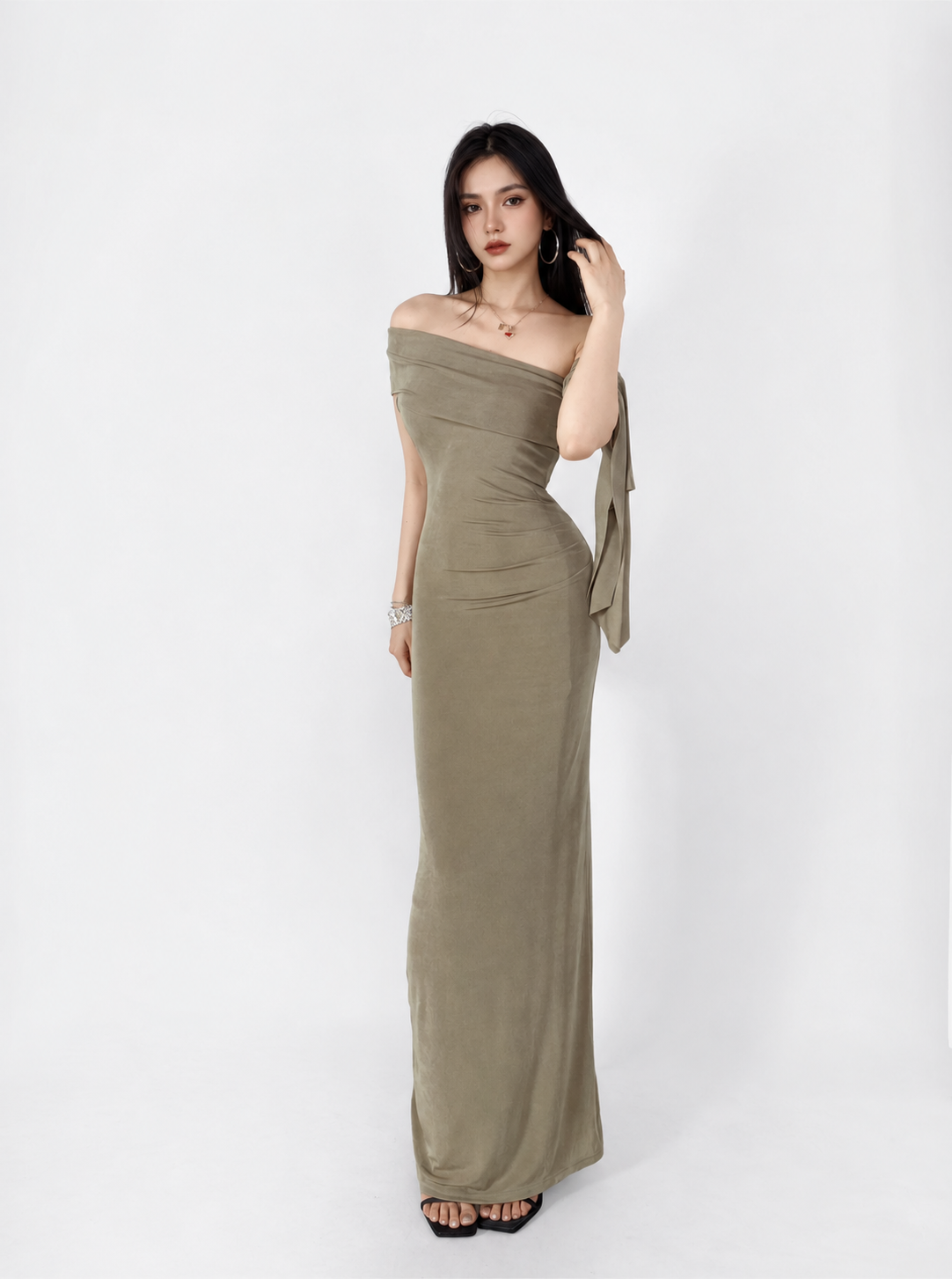 Asymmetric Off-Shoulder Ruched Maxi Dress - Khaki