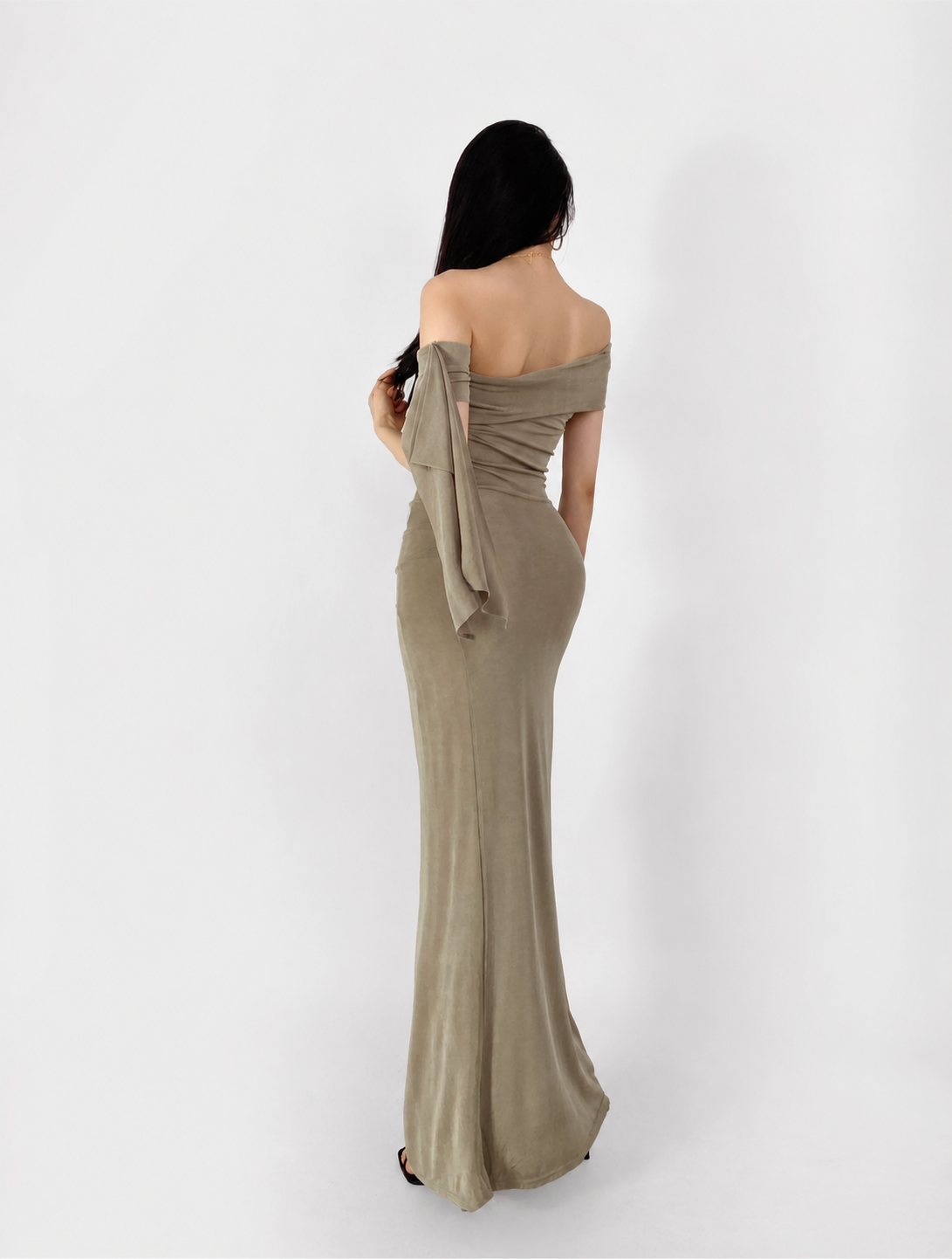 Asymmetric Off-Shoulder Ruched Maxi Dress - Khaki