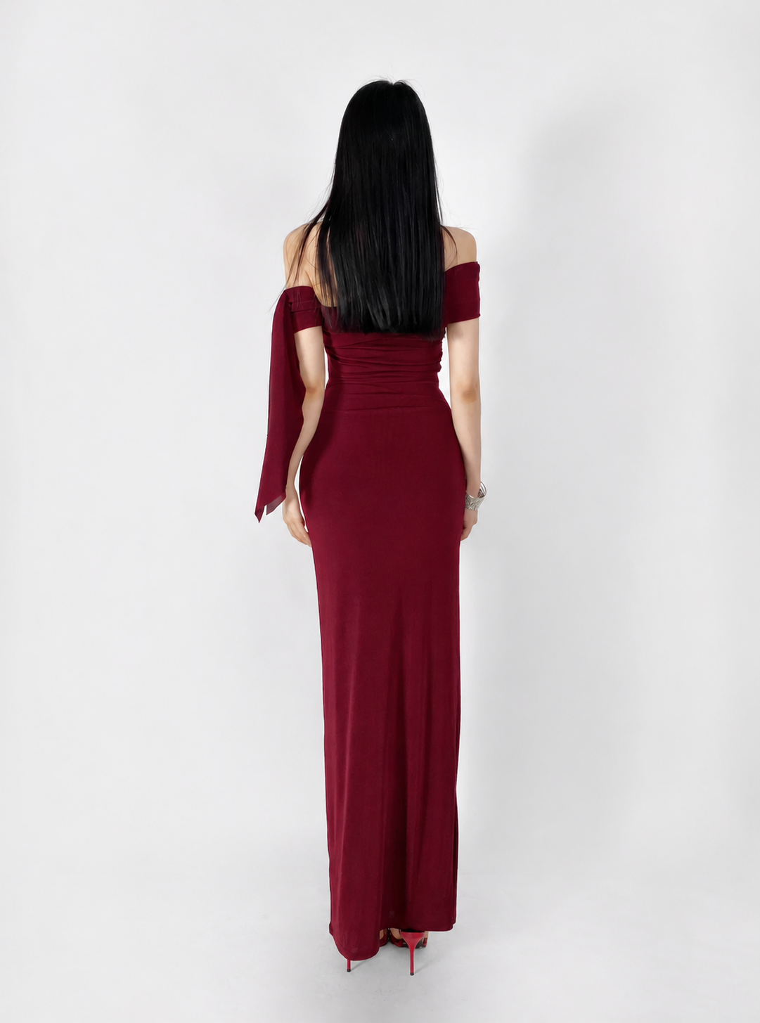 Asymmetric Off-Shoulder Ruched Maxi Dress - Burgundy