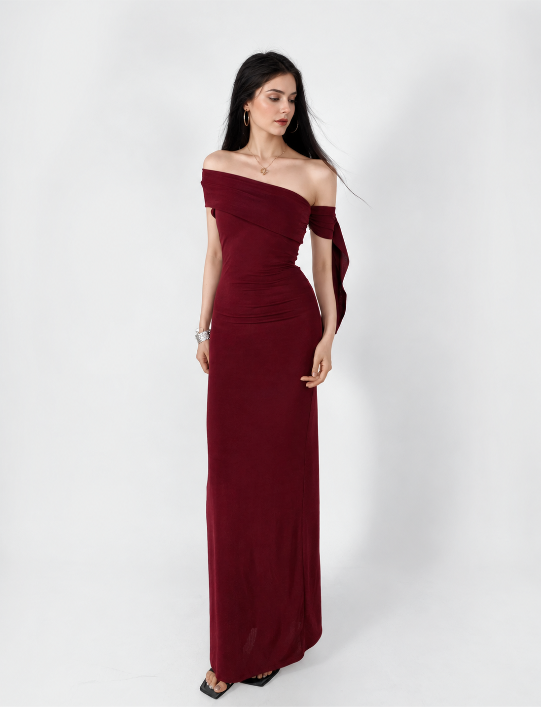 Asymmetric Off-Shoulder Ruched Maxi Dress - Burgundy