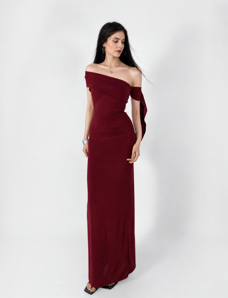 Asymmetric Off-Shoulder Ruched Maxi Dress - Burgundy