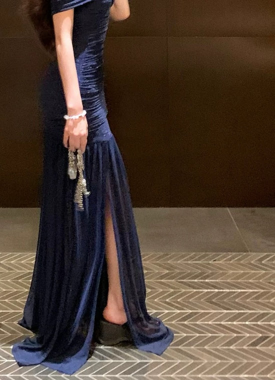 Navy Off-Shoulder Mesh-Skirt Evening Dress - garment detail