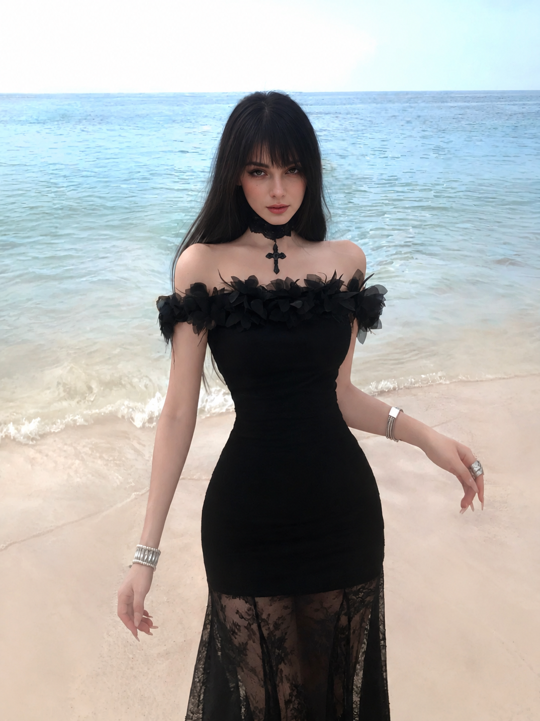 Black Off-Shoulder Lace Mermaid Party Dress - Black