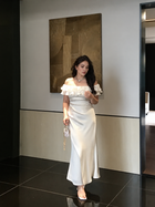 Plus Size Off-Shoulder Ruched Midi Dress - Pearl White