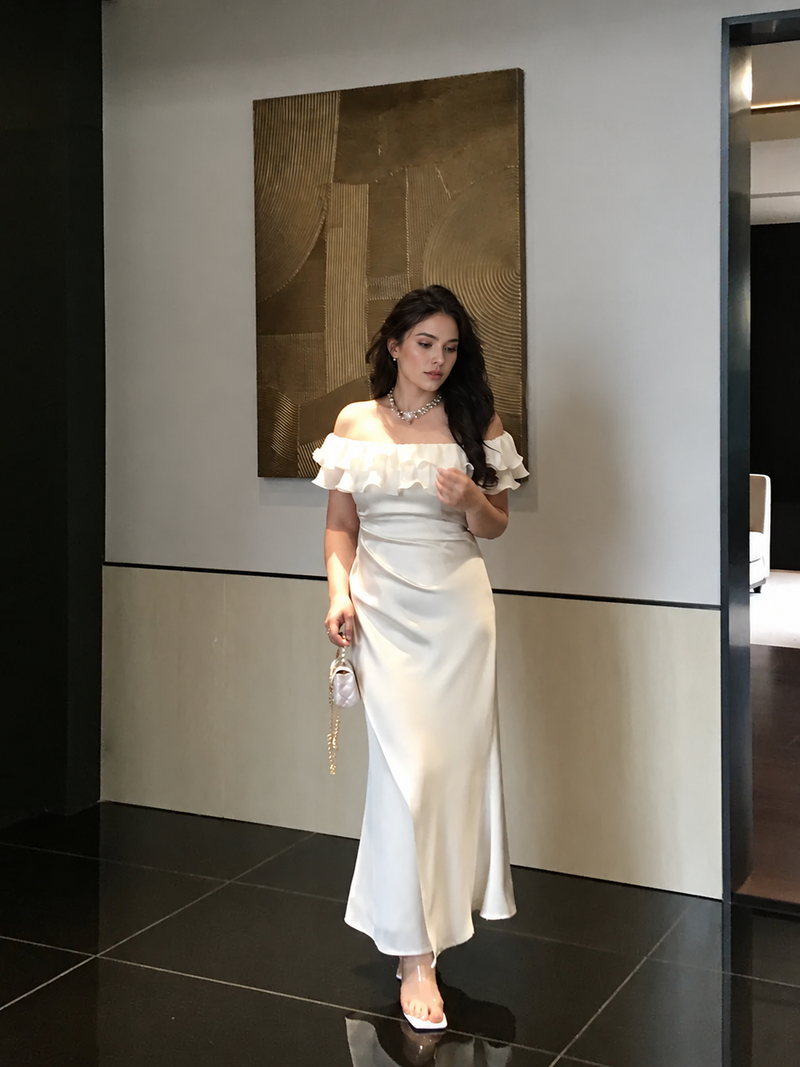 Plus Size Off-Shoulder Ruched Midi Dress - Pearl White