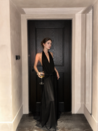 Open-Back Halter Maxi Dress with Ruched Waist - Black