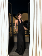 Open-Back Halter Maxi Dress with Ruched Waist - Black